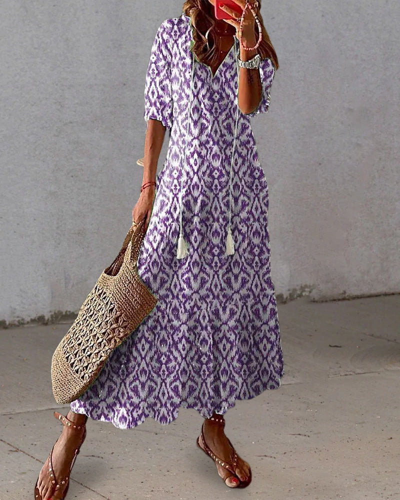 Andrea – Boho Vintage-Kleid mit V-Ausschnitt und Print 