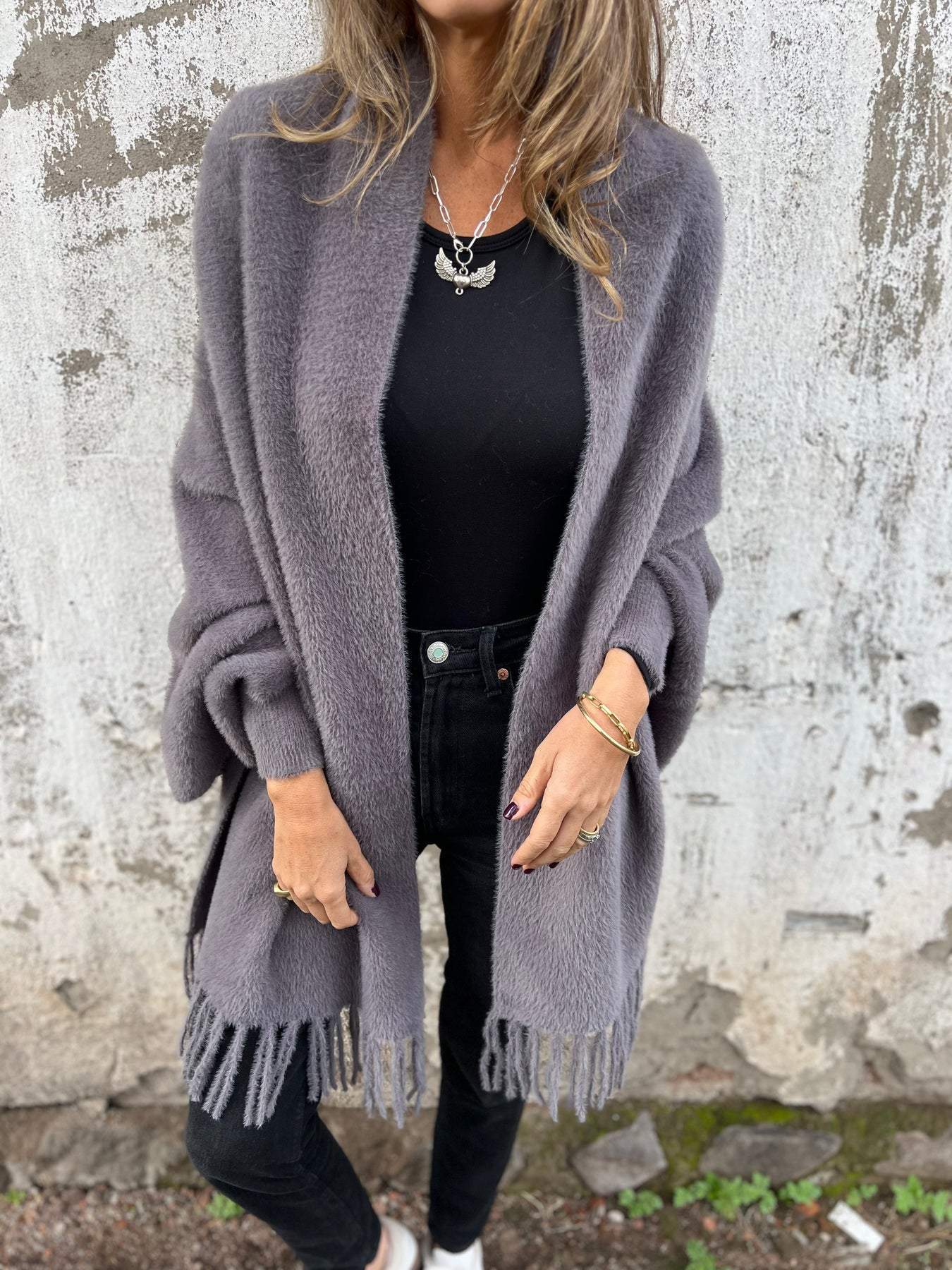 Damen Langarm Fransenmantel Casual 
