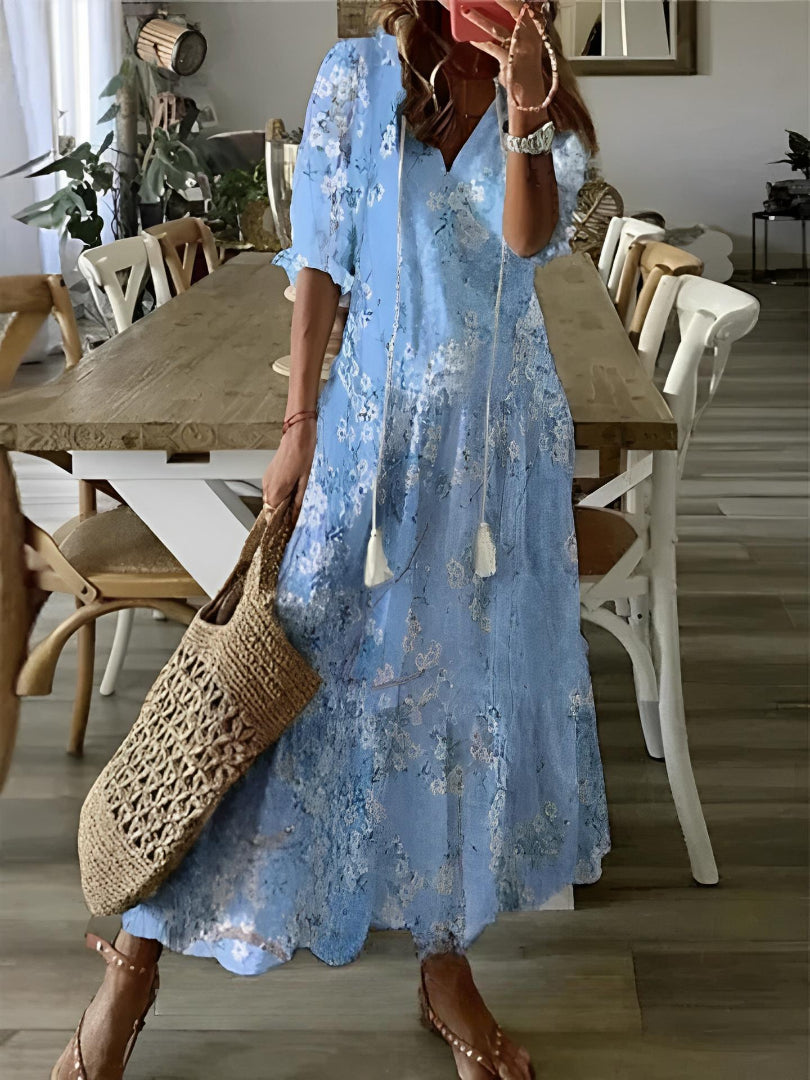 Andrea – Boho Vintage-Kleid mit V-Ausschnitt und Print 