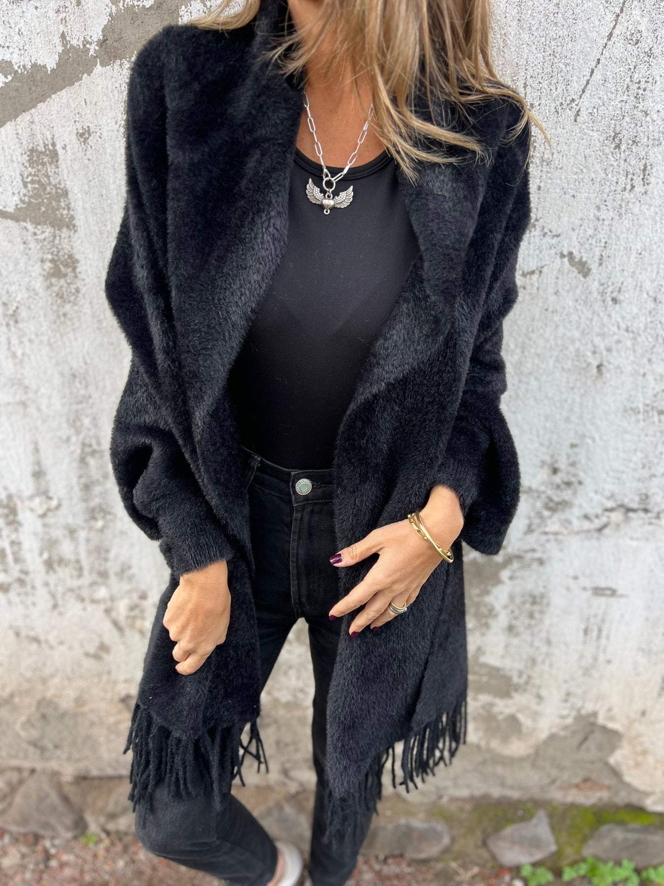 Damen Langarm Fransenmantel Casual 
