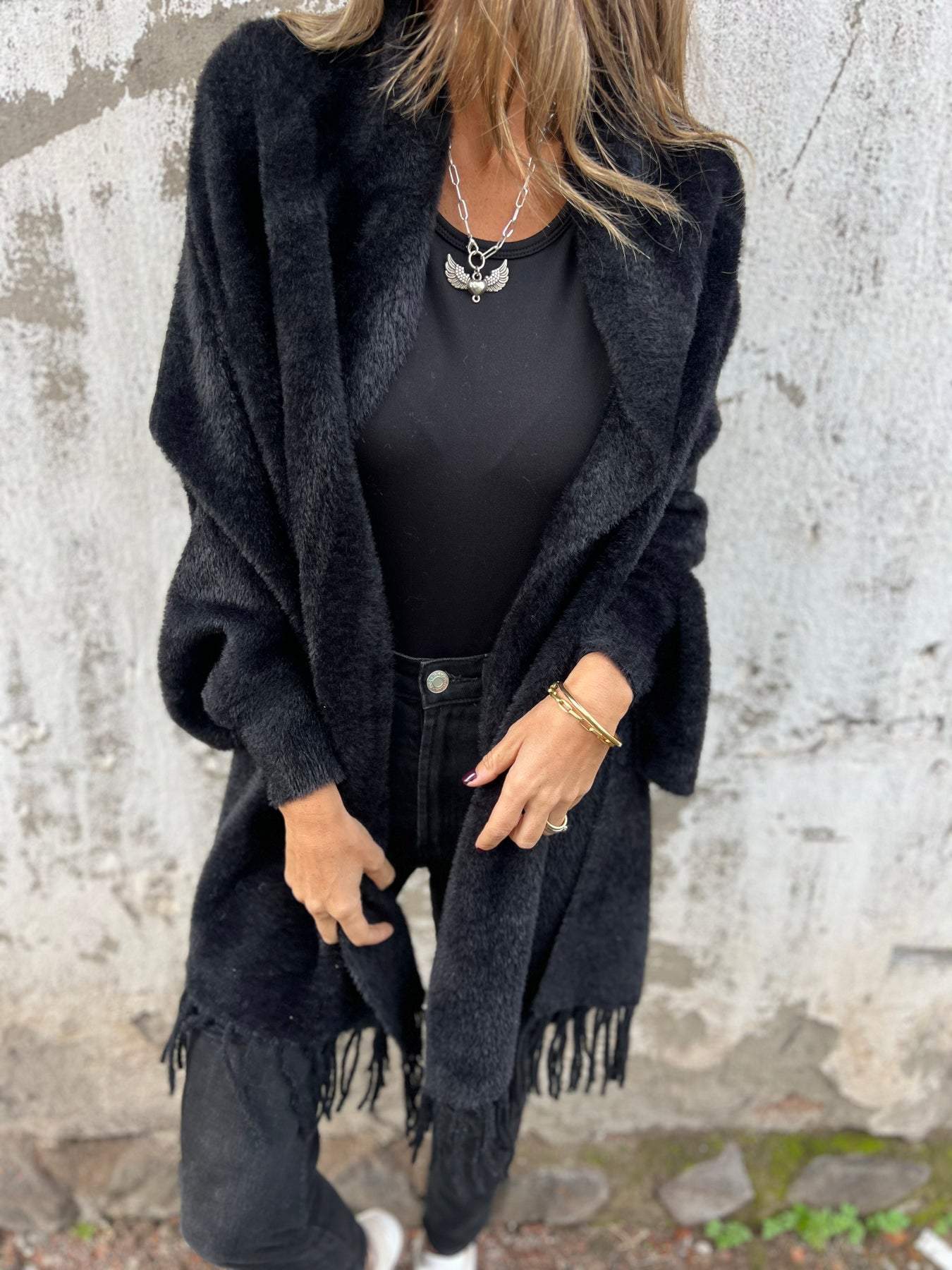 Damen Langarm Fransenmantel Casual 