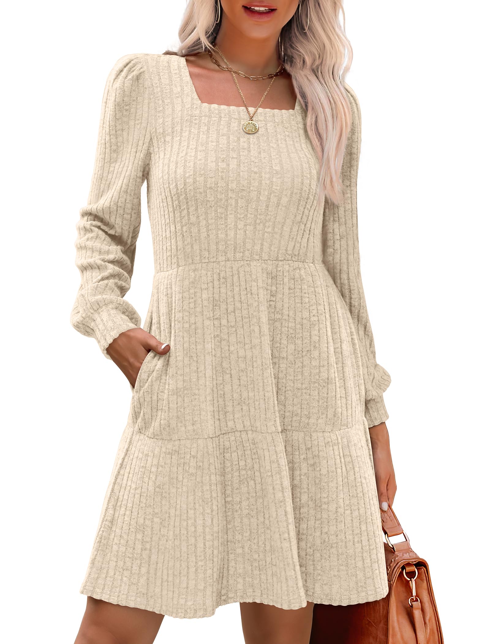 Geripptes Kleid mit quadratischem Ausschnitt und Laternenärmeln für Damen