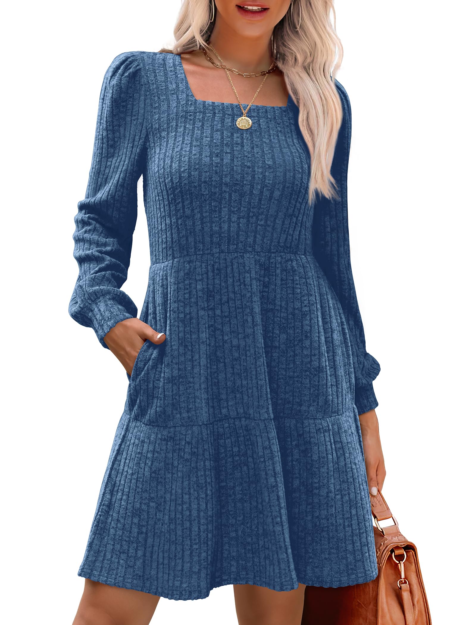 Geripptes Kleid mit quadratischem Ausschnitt und Laternenärmeln für Damen