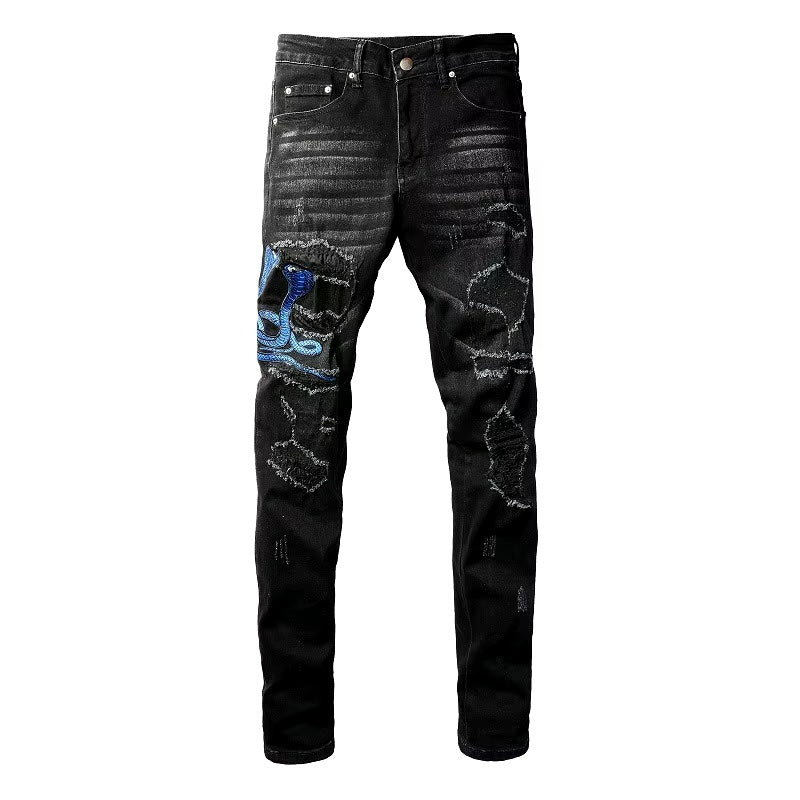 Schwarze Distressed-Jeans mit Schlangenstickerei