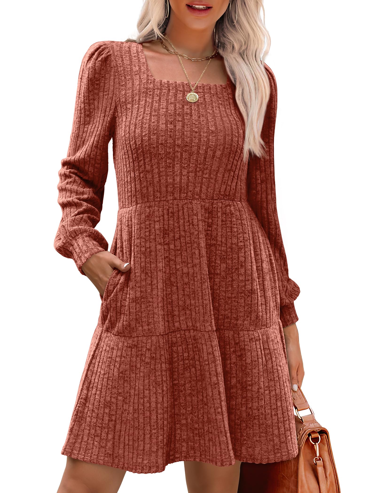 Geripptes Kleid mit quadratischem Ausschnitt und Laternenärmeln für Damen
