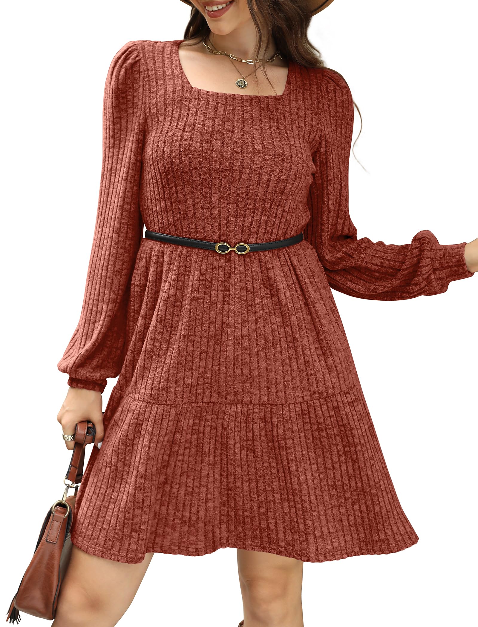 Geripptes Kleid mit quadratischem Ausschnitt und Laternenärmeln für Damen