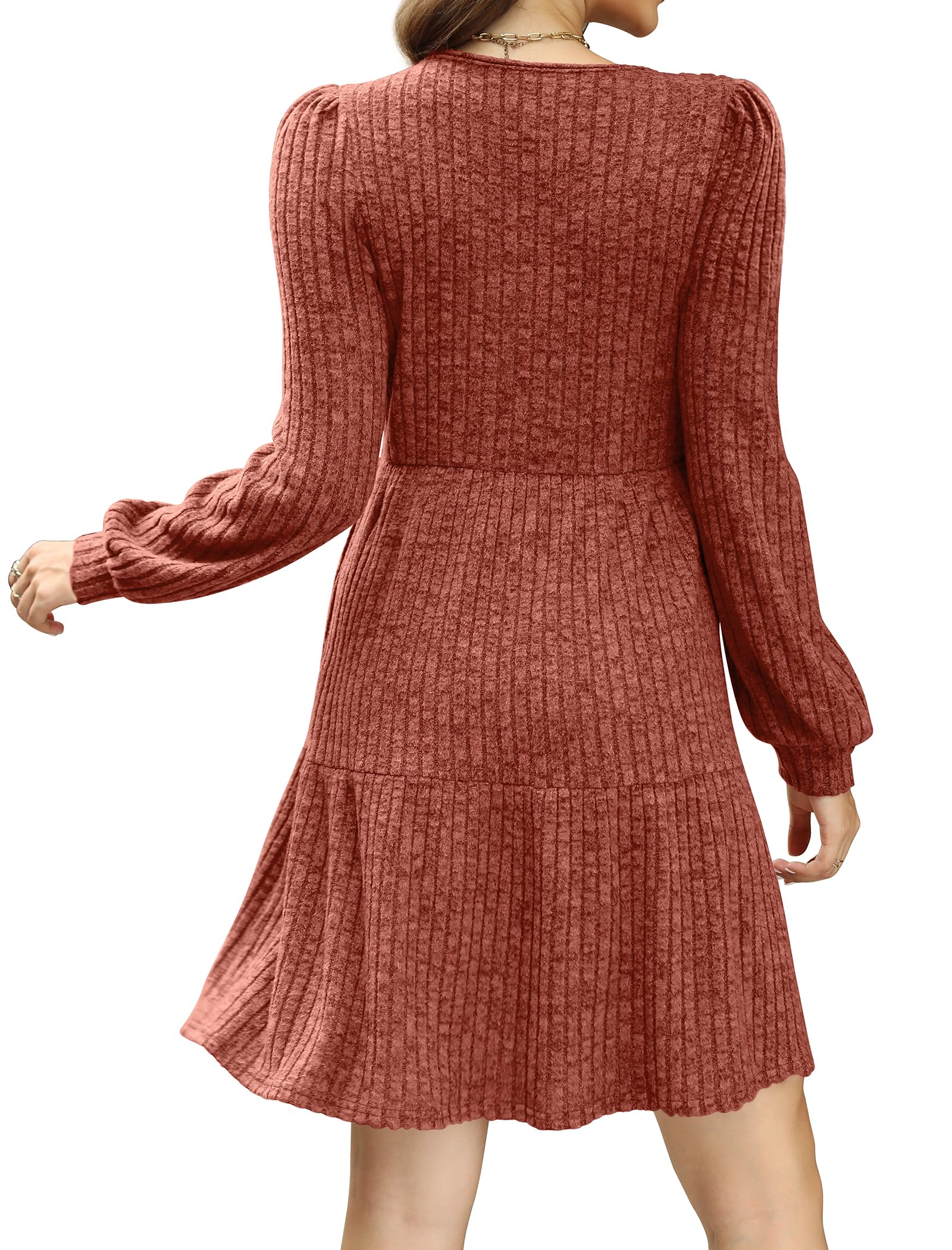 Geripptes Kleid mit quadratischem Ausschnitt und Laternenärmeln für Damen