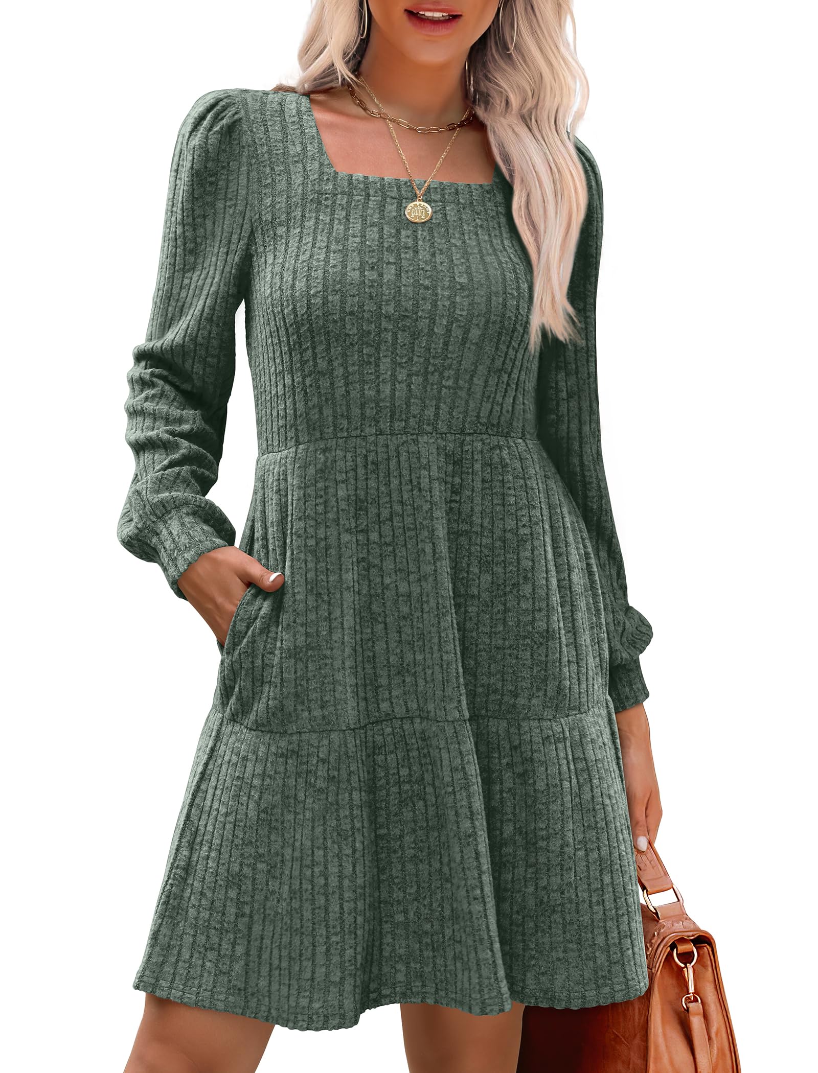 Geripptes Kleid mit quadratischem Ausschnitt und Laternenärmeln für Damen
