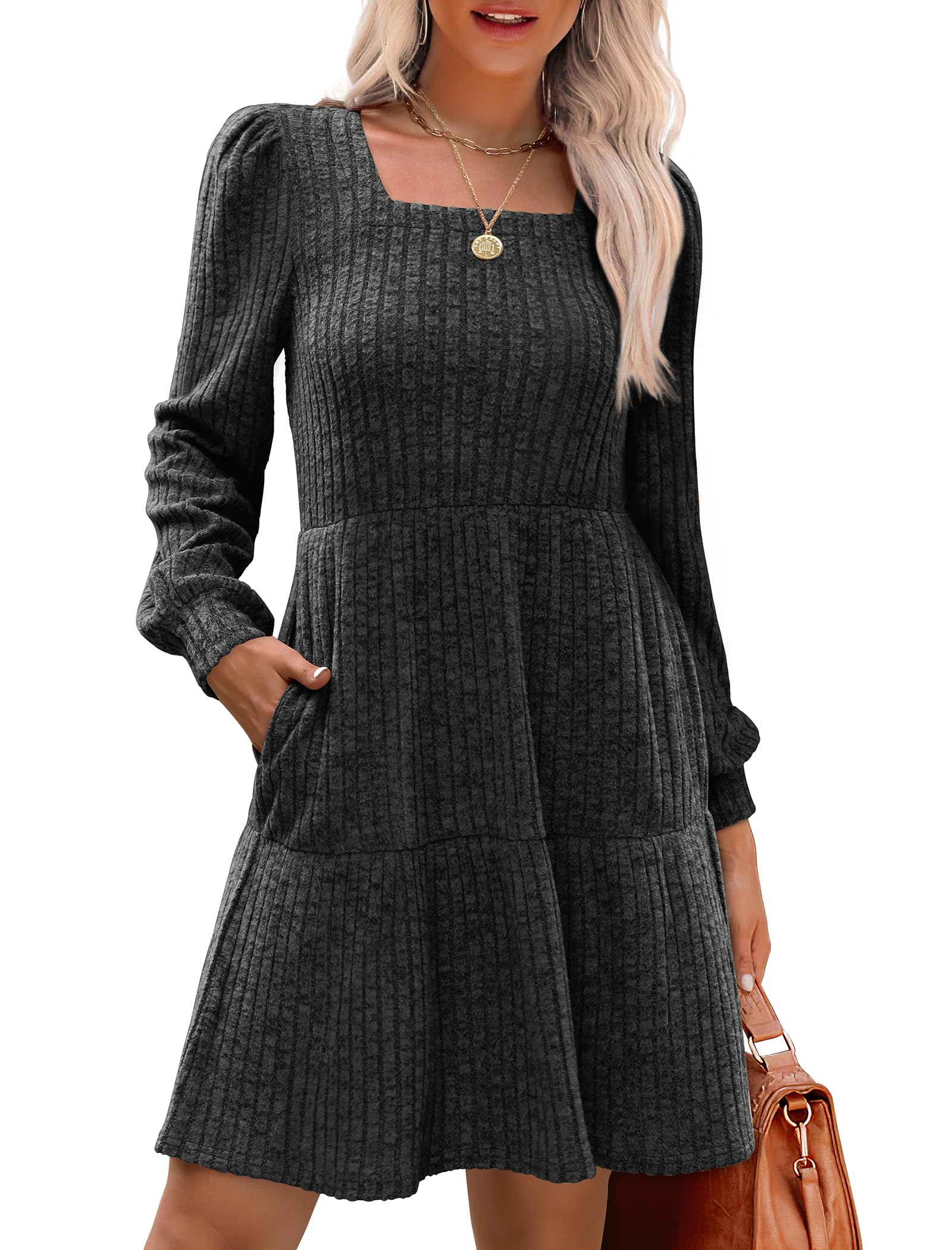 Geripptes Kleid mit quadratischem Ausschnitt und Laternenärmeln für Damen