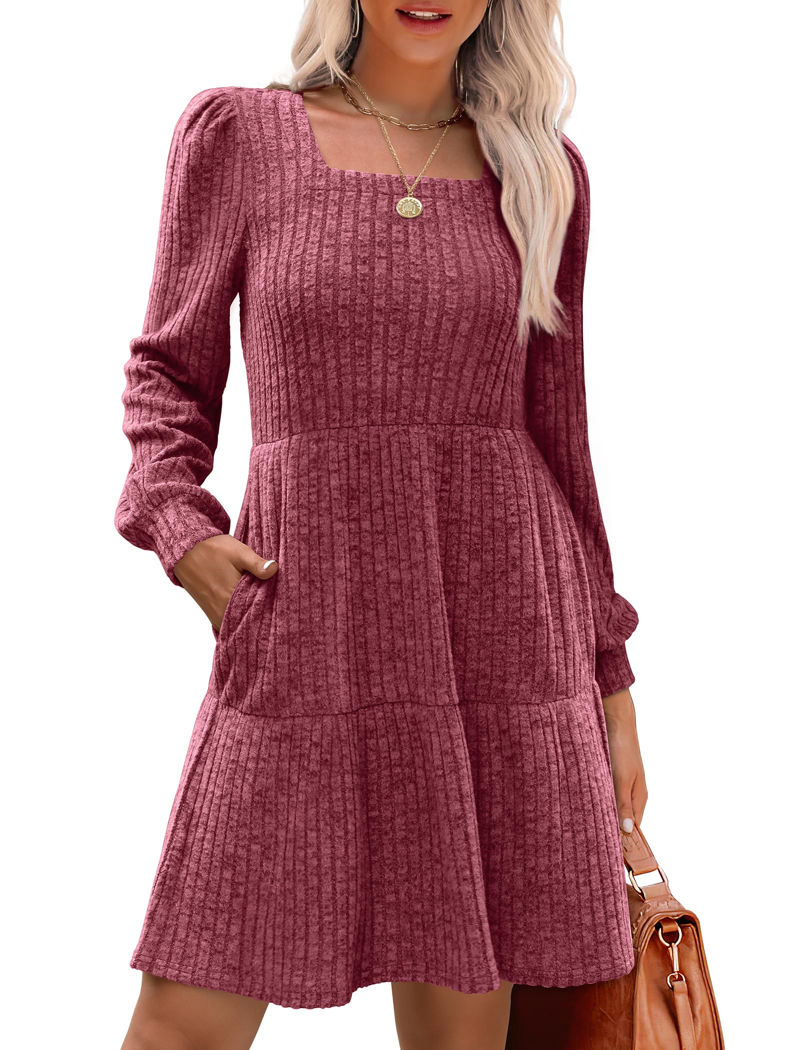 Geripptes Kleid mit quadratischem Ausschnitt und Laternenärmeln für Damen