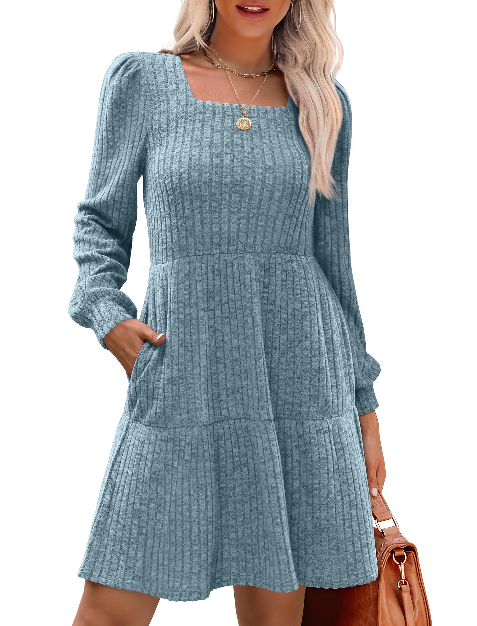 Geripptes Kleid mit quadratischem Ausschnitt und Laternenärmeln für Damen