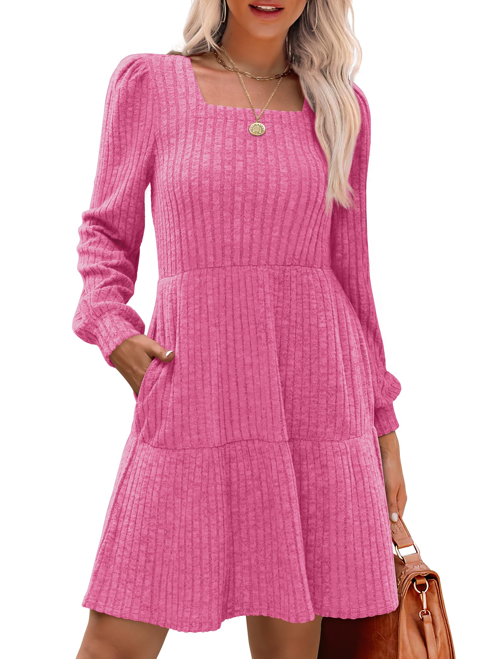 Geripptes Kleid mit quadratischem Ausschnitt und Laternenärmeln für Damen