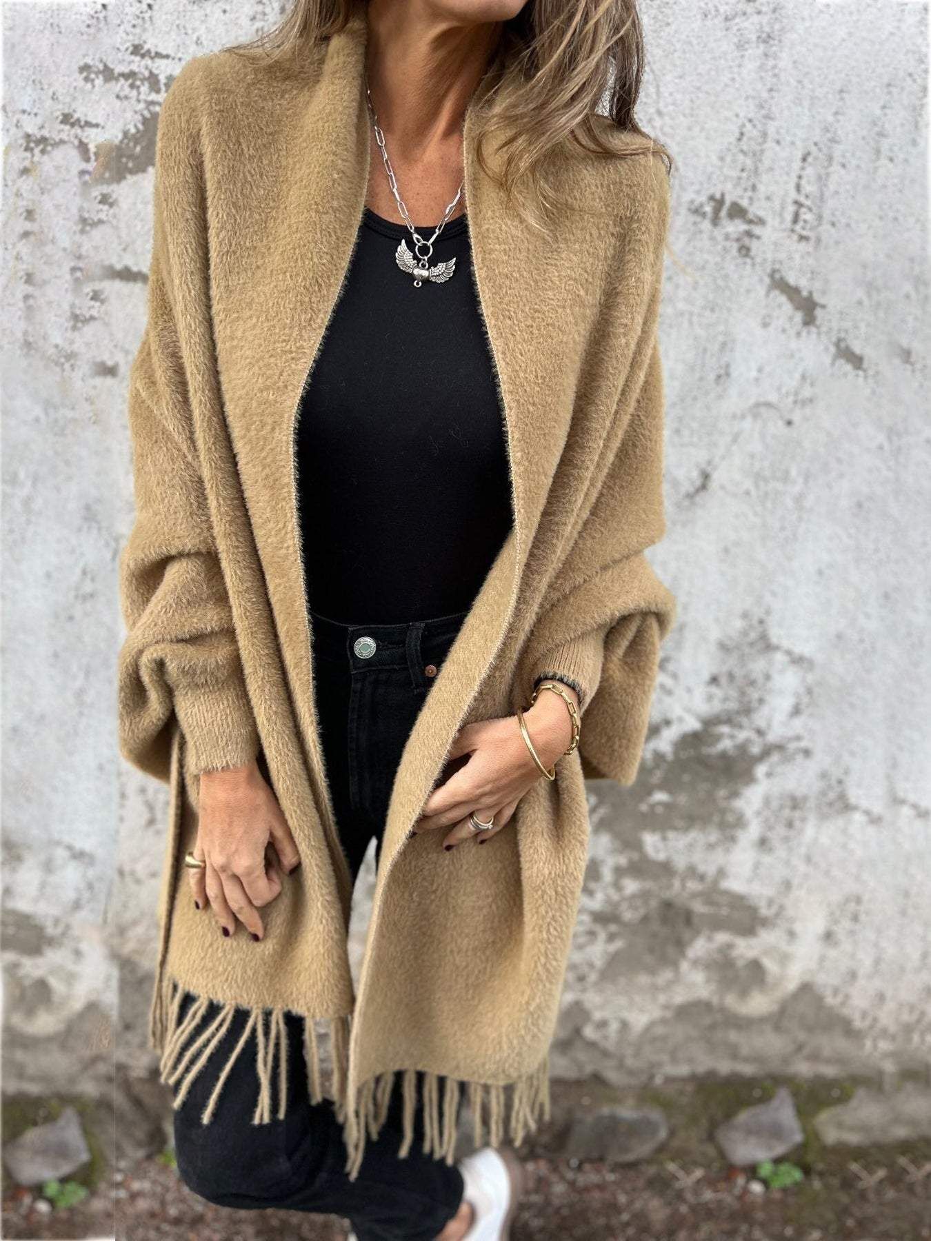 Damen Langarm Fransenmantel Casual 