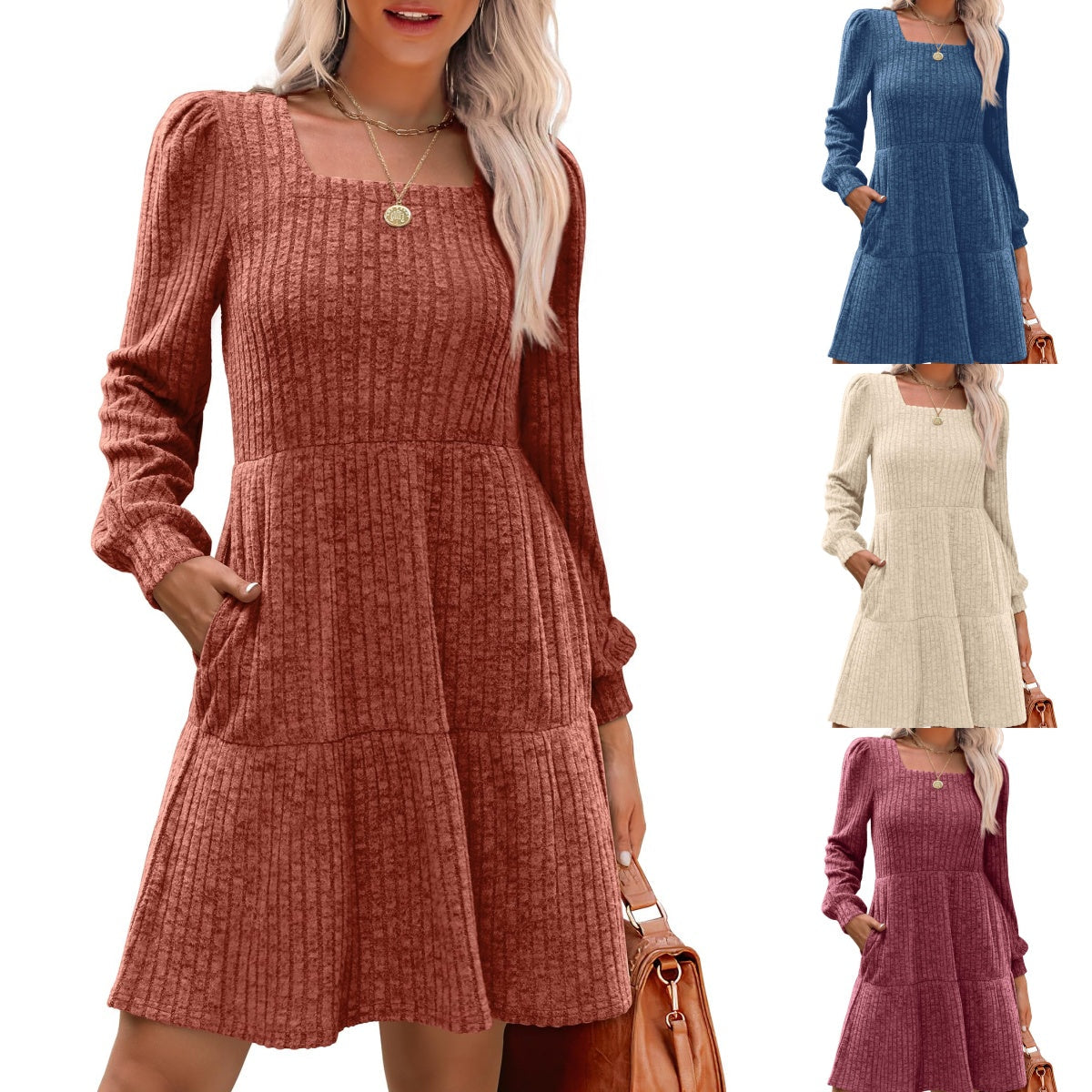 Geripptes Kleid mit quadratischem Ausschnitt und Laternenärmeln für Damen