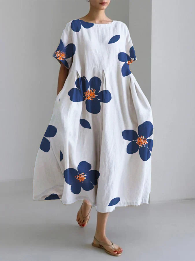 Lässiges, lockeres Kleid mit Rundhalsausschnitt und Blumenrock für Damen im Frühling und Sommer
