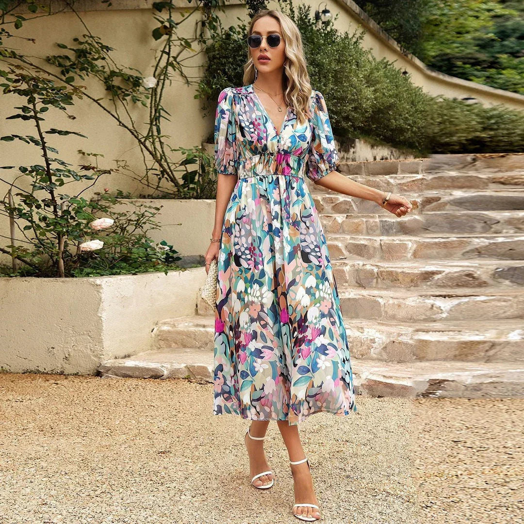Gisela | Elegantes Maxikleid mit V-Ausschnitt und Blumenmuster