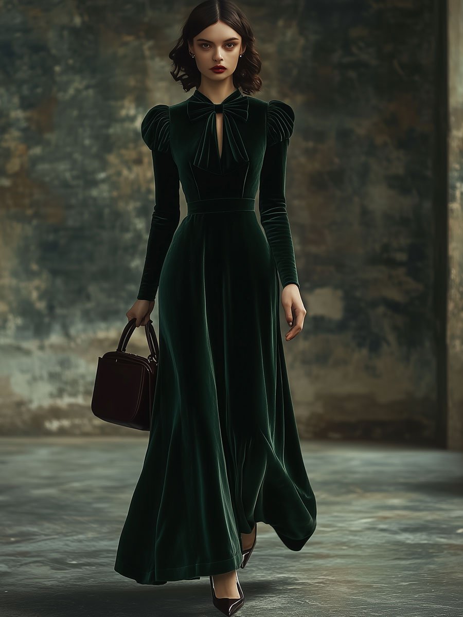 Juliette – Samt-Maxikleid mit Stehkragen und Schleifendetail