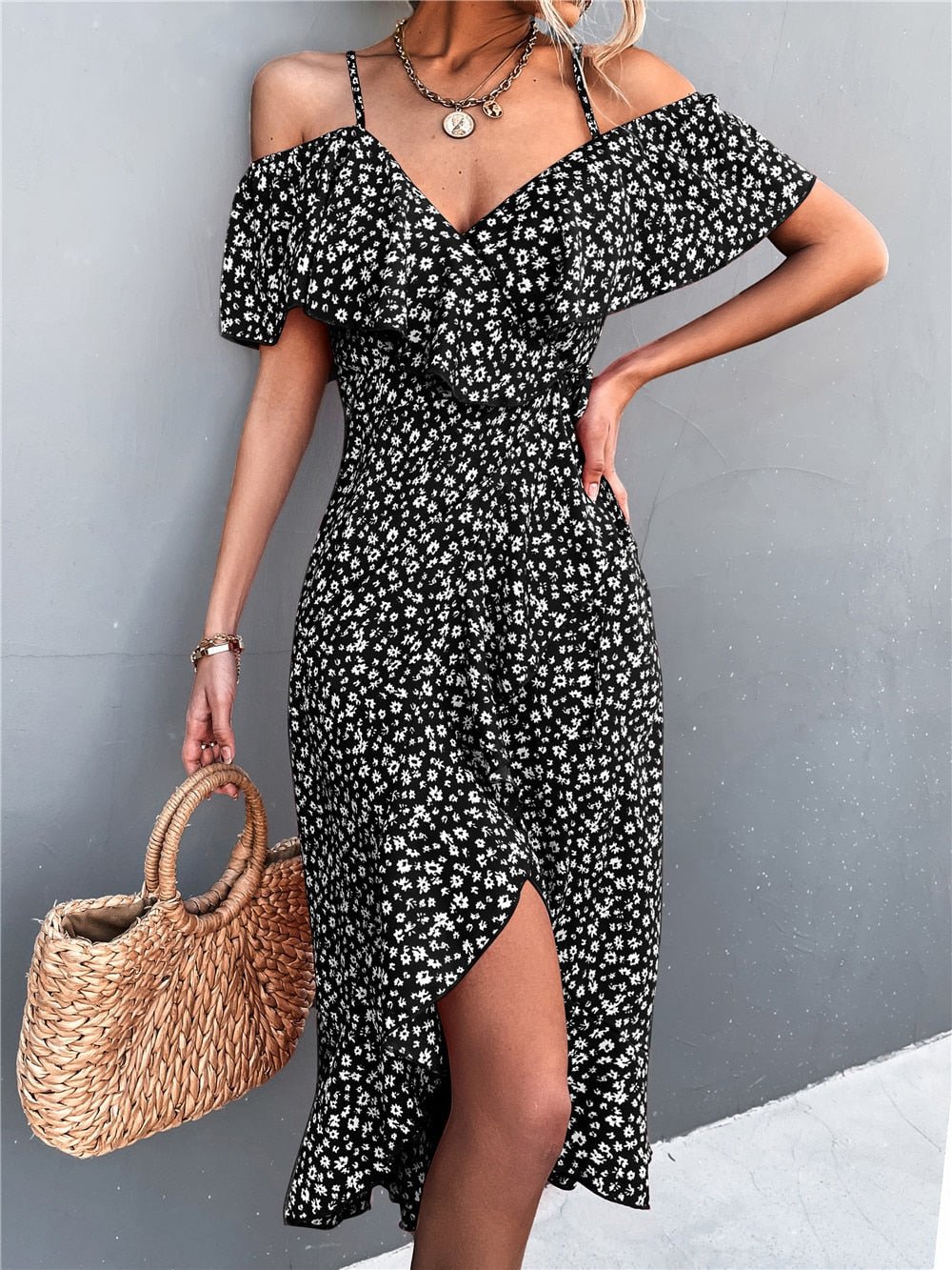 Maya | Elegantes schulterfreies Kleid mit Blumendruck