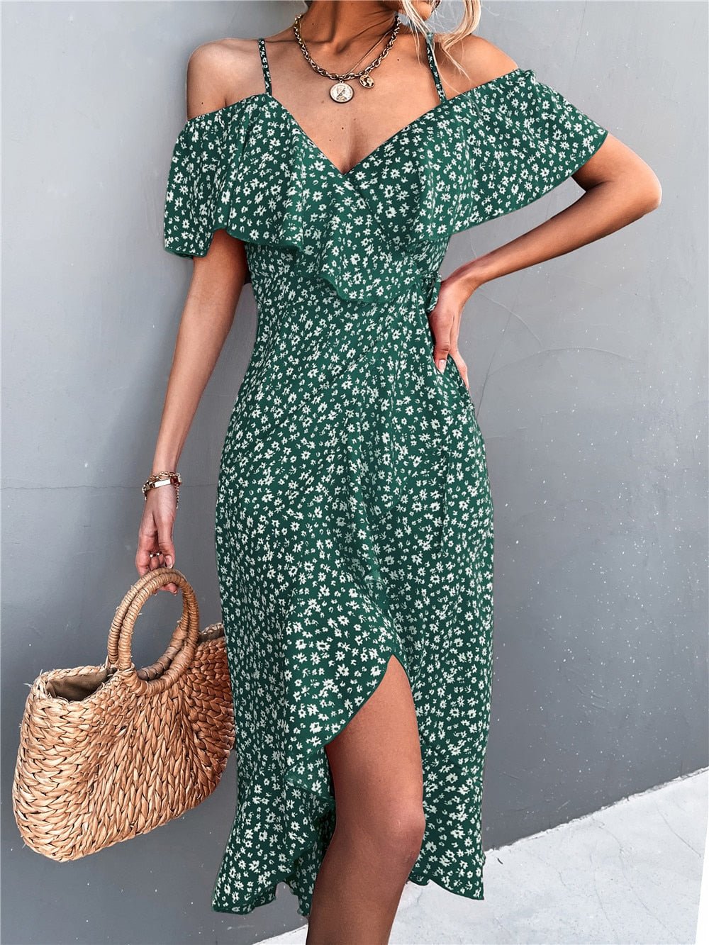 Maya | Elegantes schulterfreies Kleid mit Blumendruck