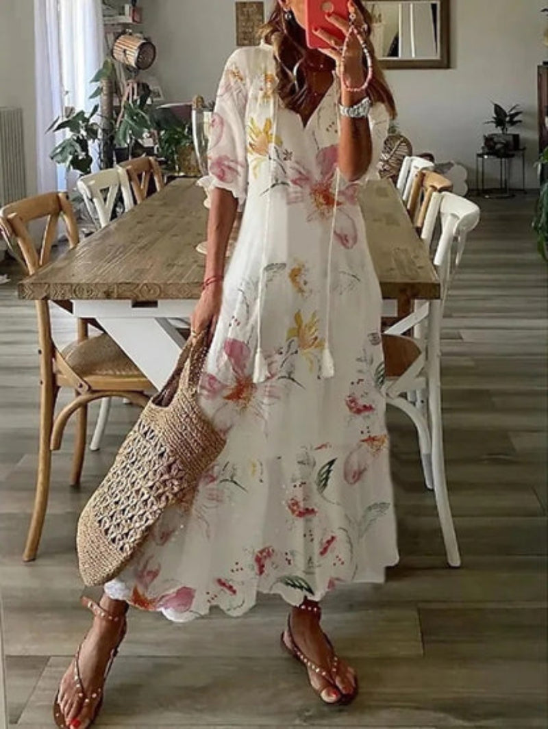 Andrea – Boho Vintage-Kleid mit V-Ausschnitt und Print 