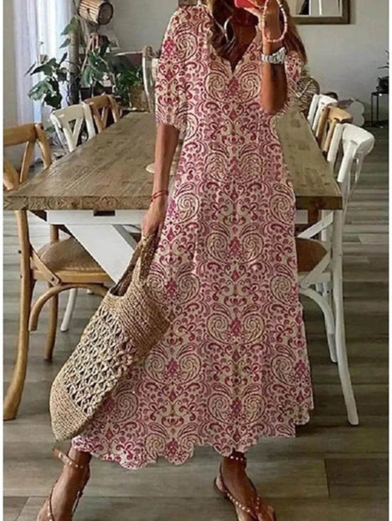 Andrea – Boho Vintage-Kleid mit V-Ausschnitt und Print 