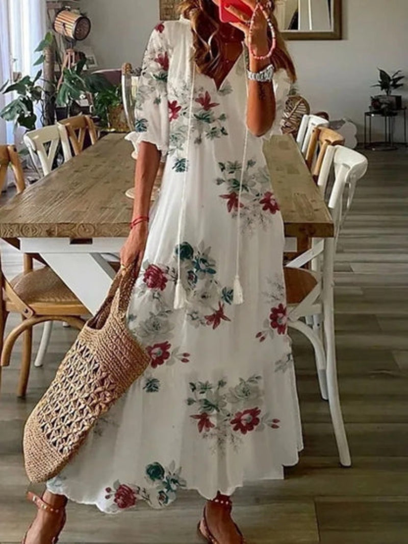 Andrea – Boho Vintage-Kleid mit V-Ausschnitt und Print 